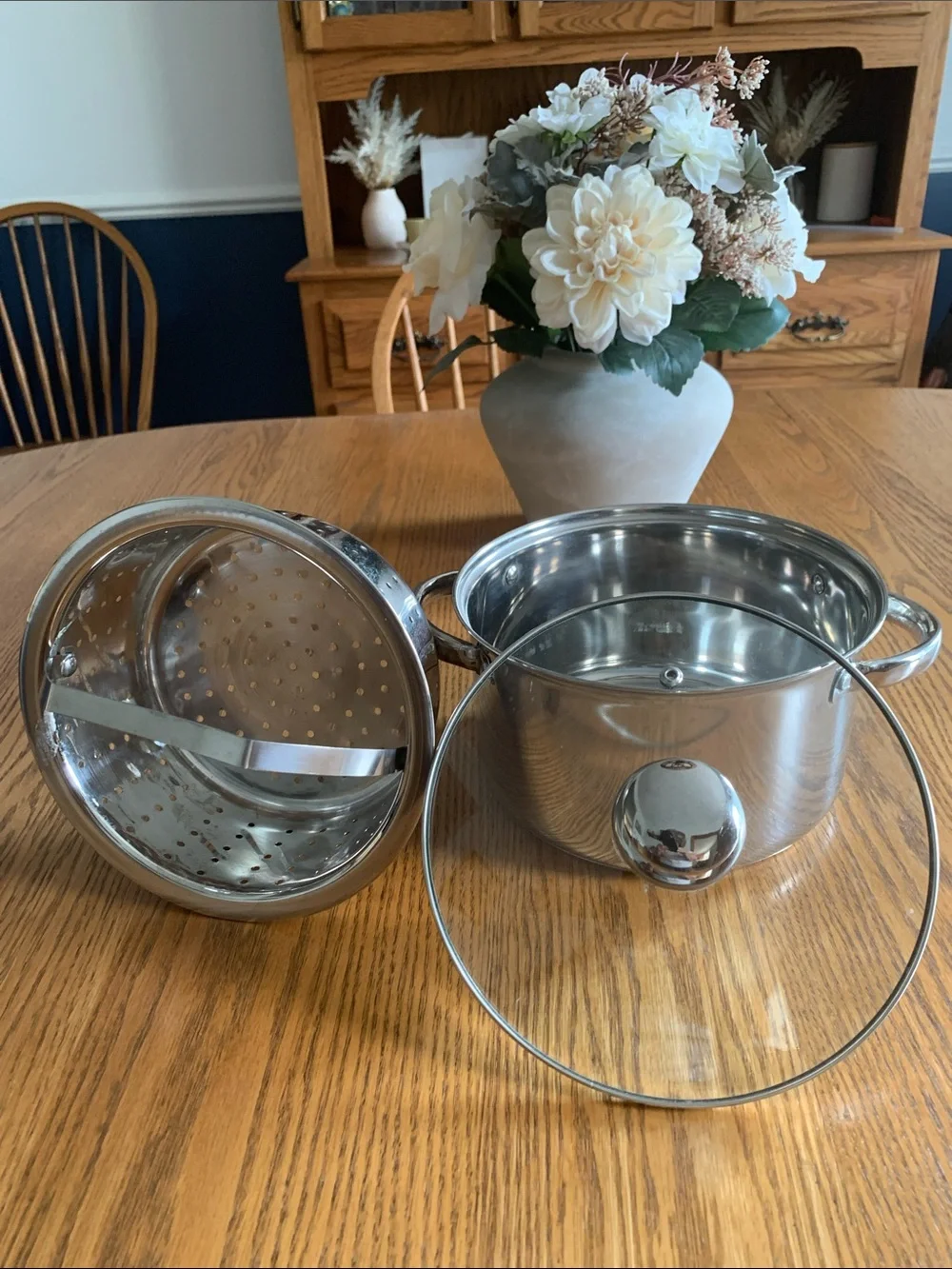 4 Qt Stainless Steel Stock Pot with Steamer Insert and Glass Lid - Silver